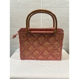 FOSSIL Woven Wicker Straw Handbag Purse Satchel Tote Wood Handle In Pink